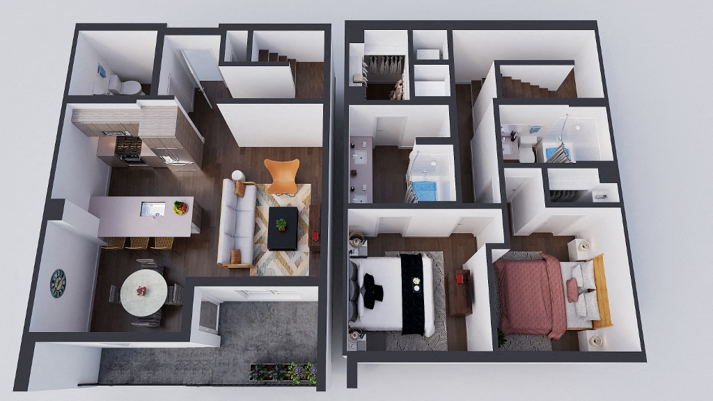 Floor plan for 2 beds, 2.5 baths, 1042 sqft